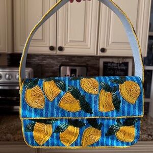 Hand-Beaded Lemon Pattern Blue Shoulder Bag